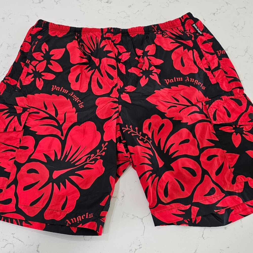 Men's PALM ANGELS Tropical Hawaiian print cargo swim shorts, NWT, Made in Italy
